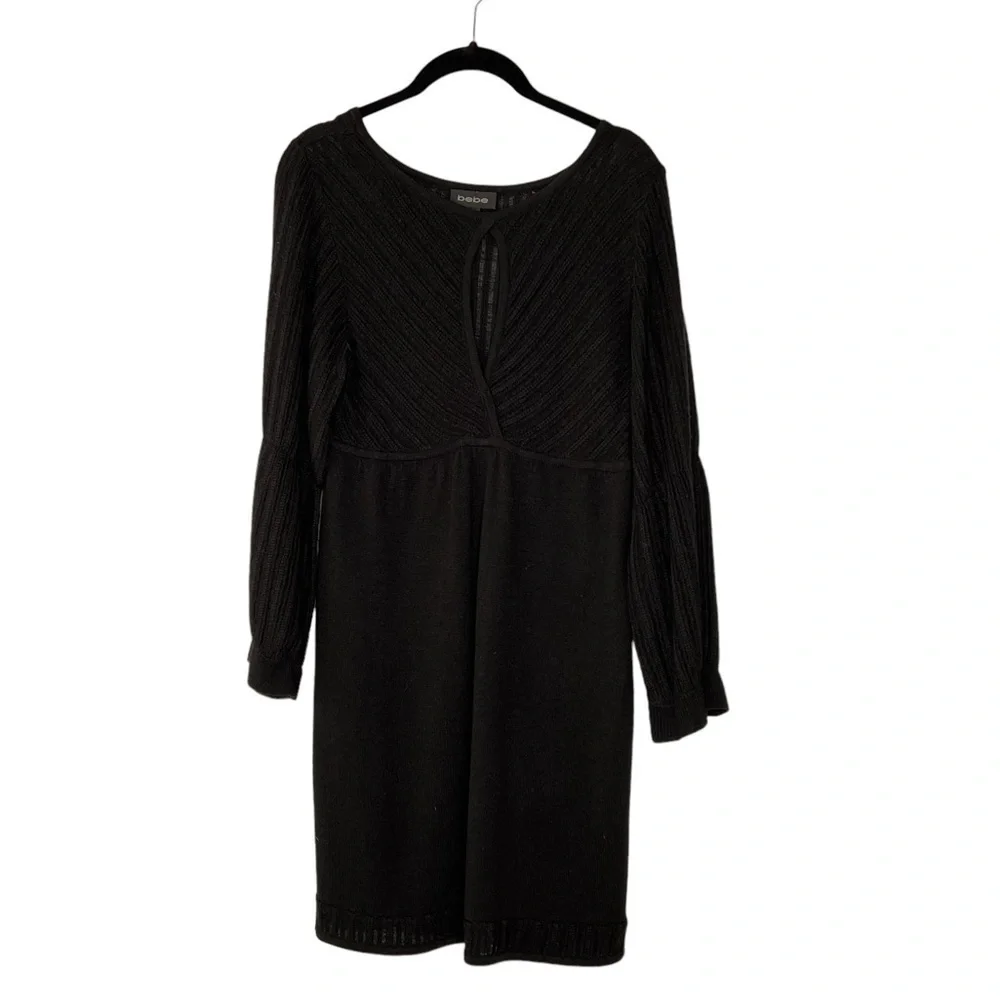 BEBE Black Knit Long Puff Sleeves Front Keyhole Dress LBD Size M